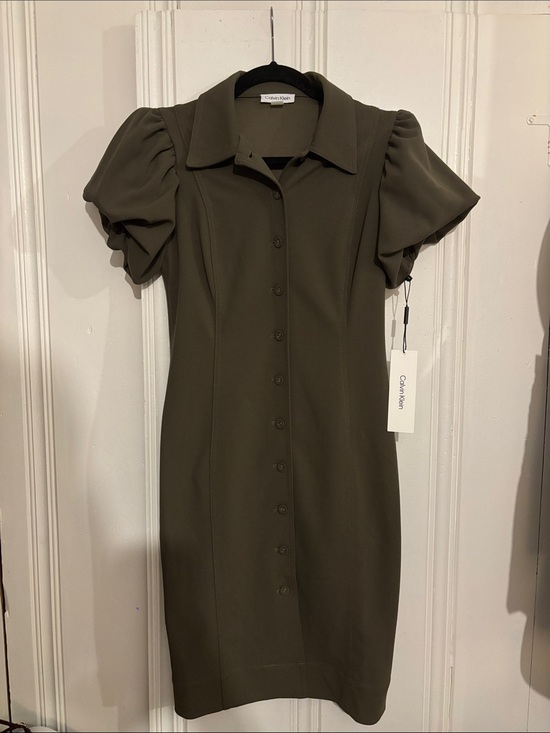 Calvin Klein Dresses & Skirts - Calvin Klein Olive Button-Down Puff Sleeve Midi Dress
